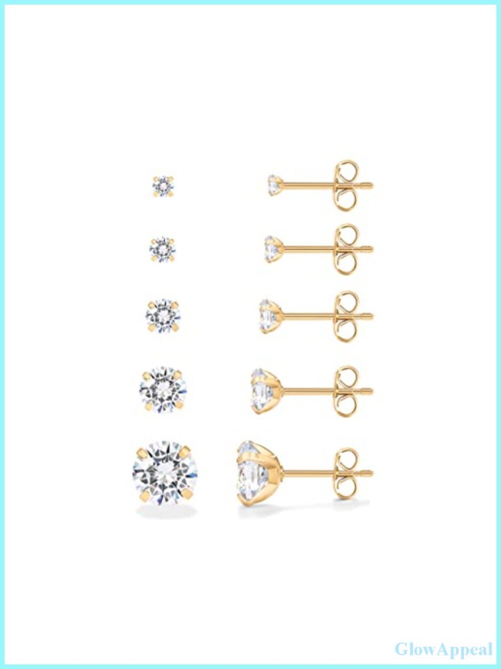 Waterproof Gold Plated CZ Stud Earrings Set of 5 for Women Hypoallergenic